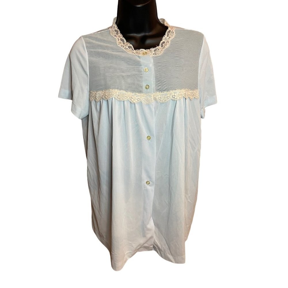 Heiress Vintage Light Blue Embroidered Lacy Buttoned Pajama Top Bed Jacket Sz 36